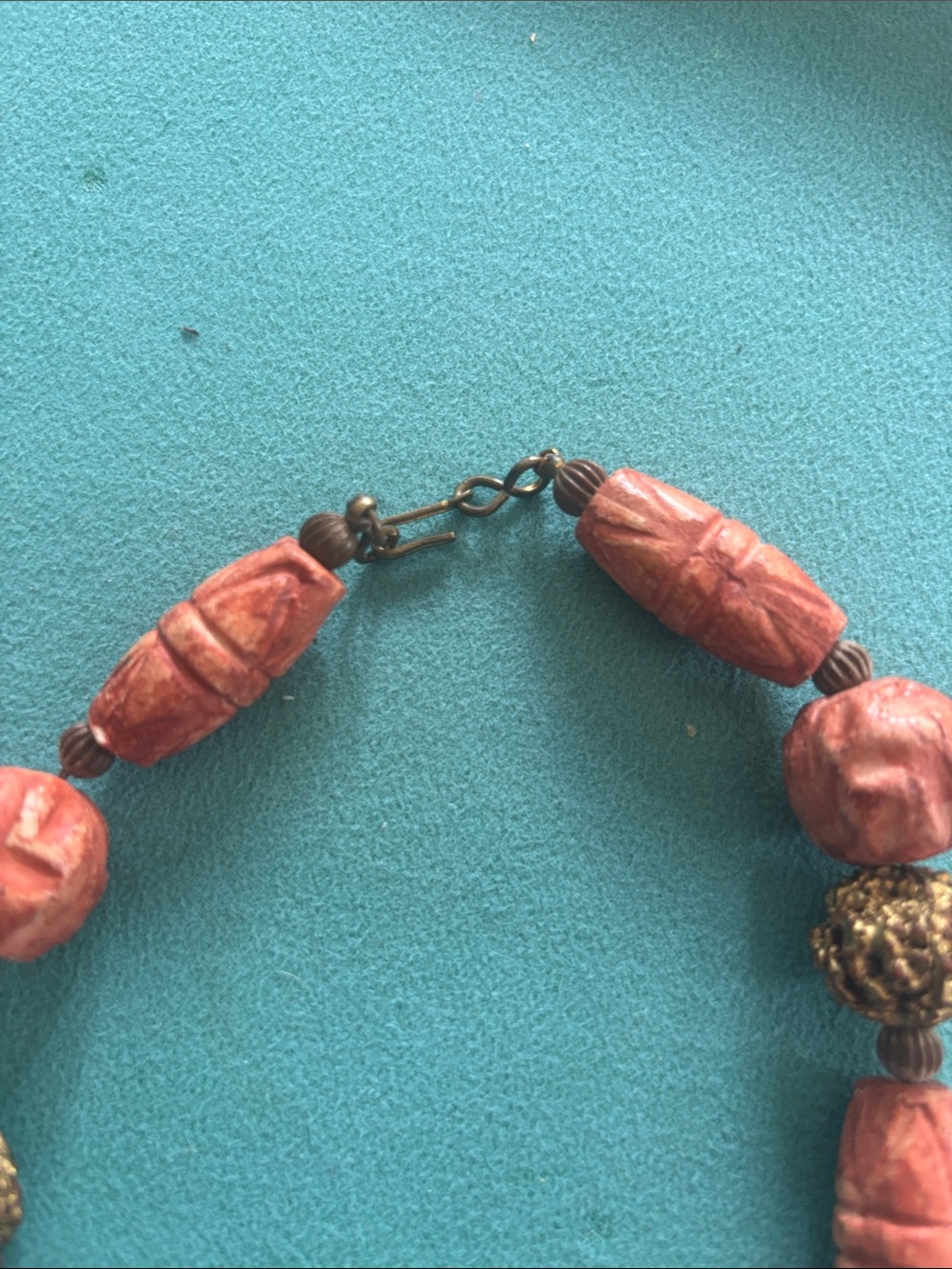 Vintage rare Chinese Carved Cinnabar coral  Bead gold bead necklace - Picture 6 of 7